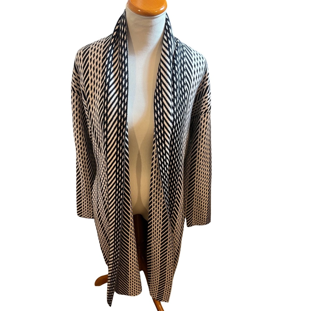 Comfty Black White Geometric Stripe Duster Cardigan Everyday Timeless Medium